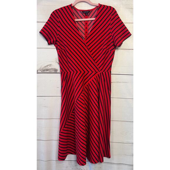 Lands' End Size SM 6/8 Dress Red with Dark Navy Stripes V Neck - Picture 1 of 5